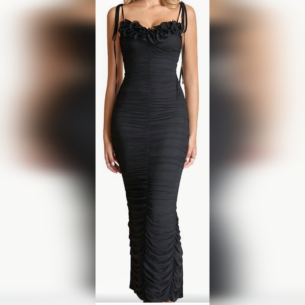 Black Ruched Bodycon Maxi Dress | Sexy Formal Evening Dress | Size L